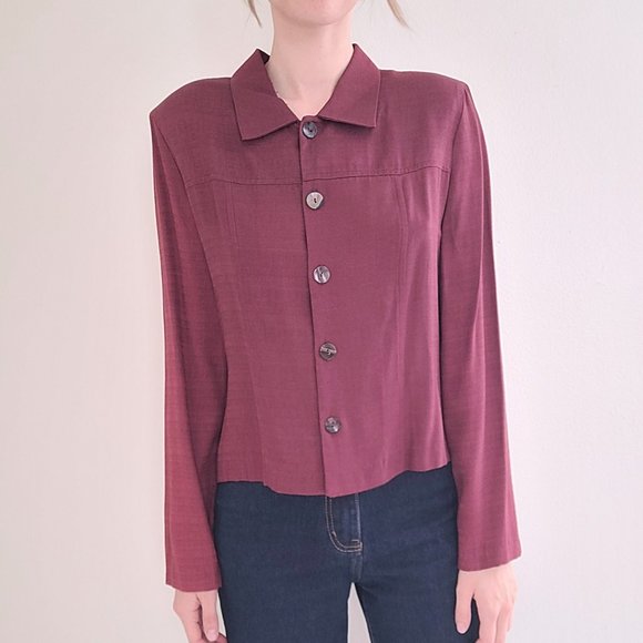 Vintage Burgundy Button-Down Collared Long-Sleeve Top made in USA size Medium - Picture 1 of 9